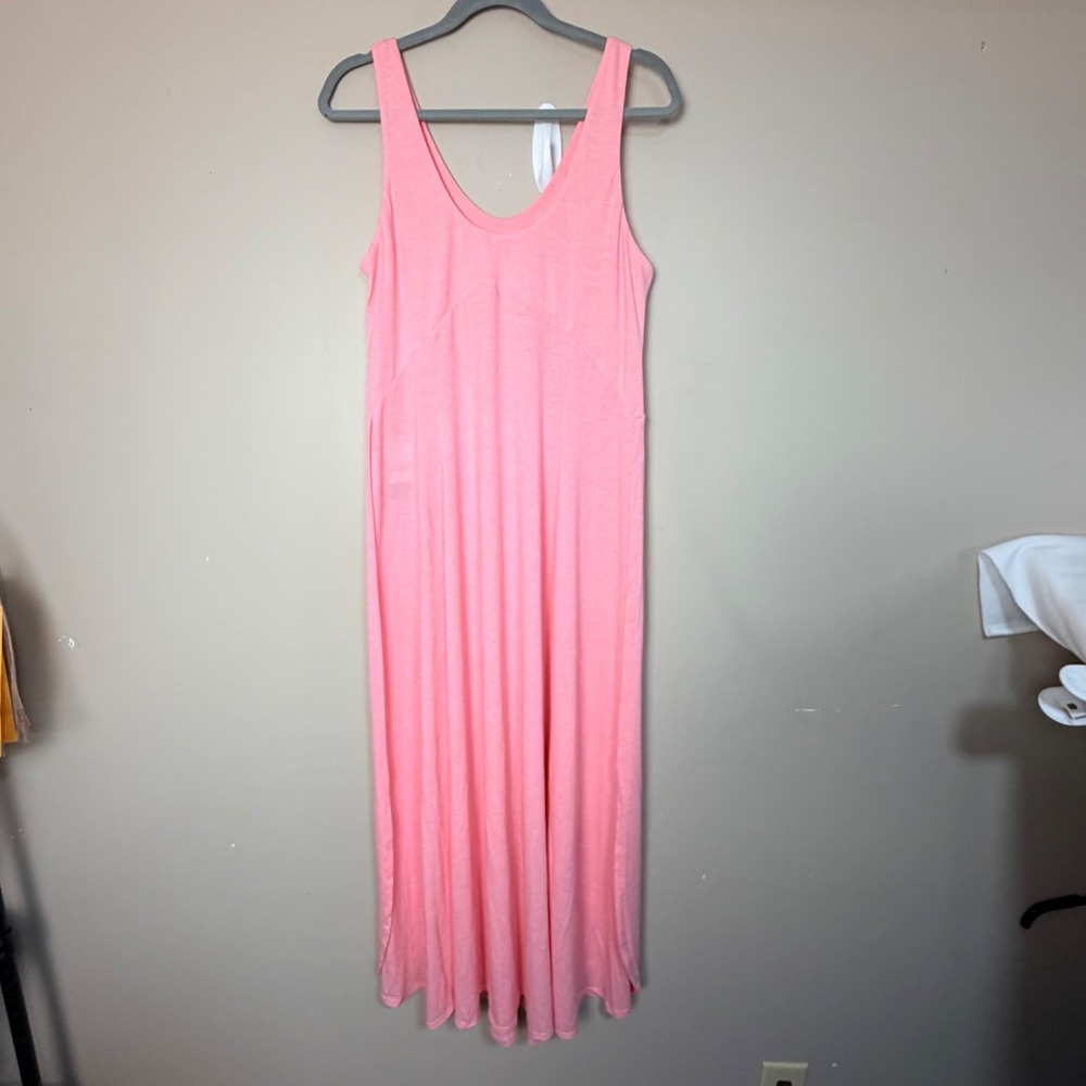 Halara Womens Maxi Dress M Pink Sleeveless V-Neck Side Slit Jersey Knit